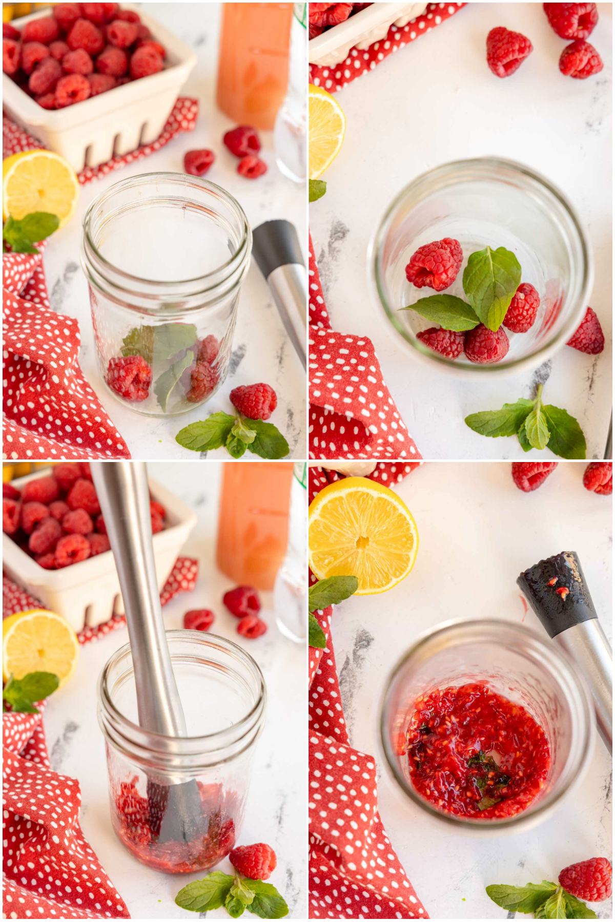 four images showing how to muddle raspberries and mint together