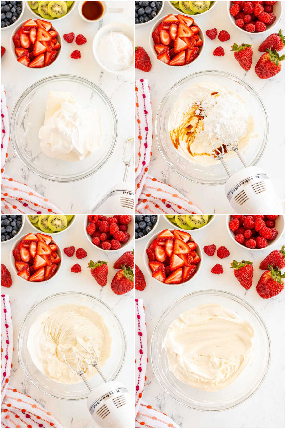 four images showing making cream cheese frosting for fruit pizza