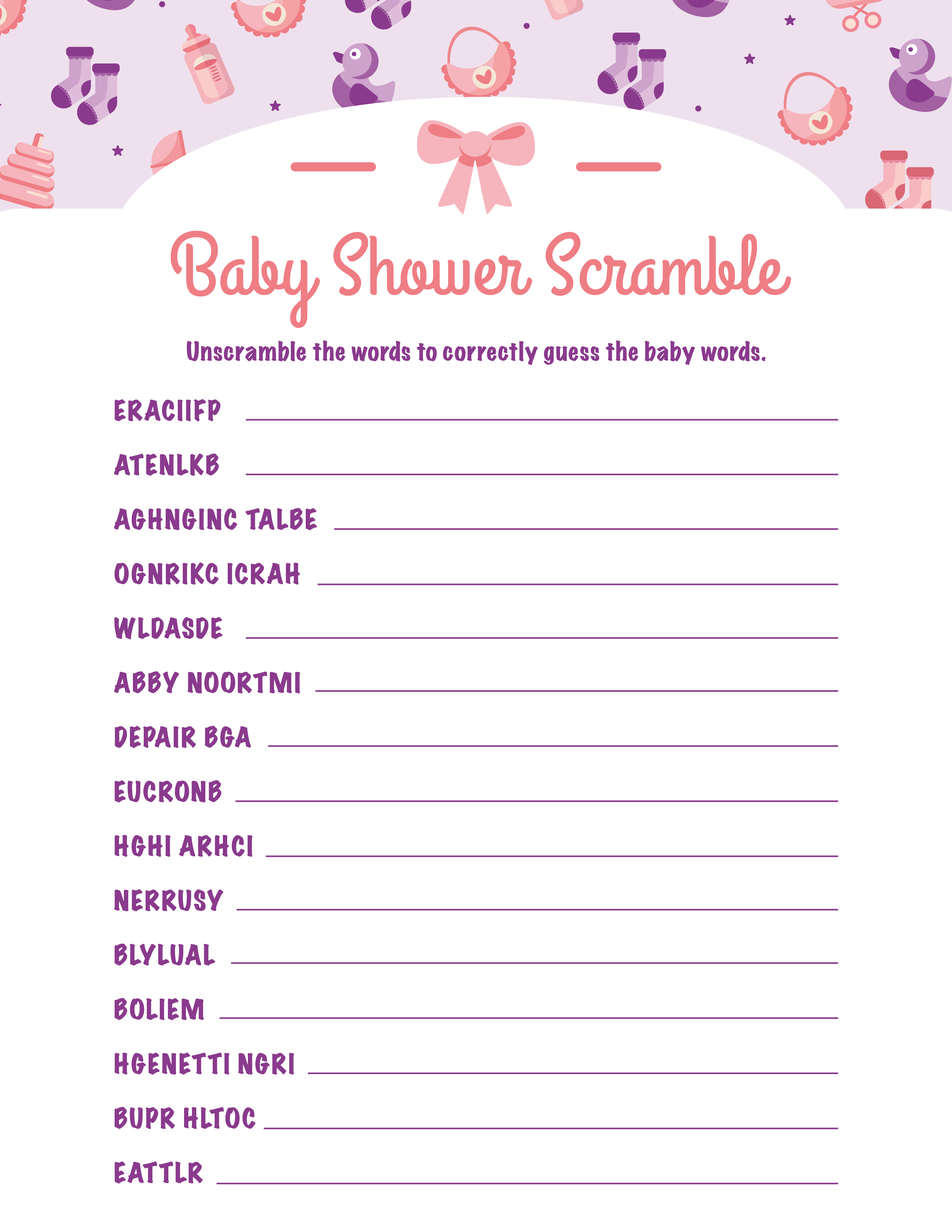 Baby shower word scramble