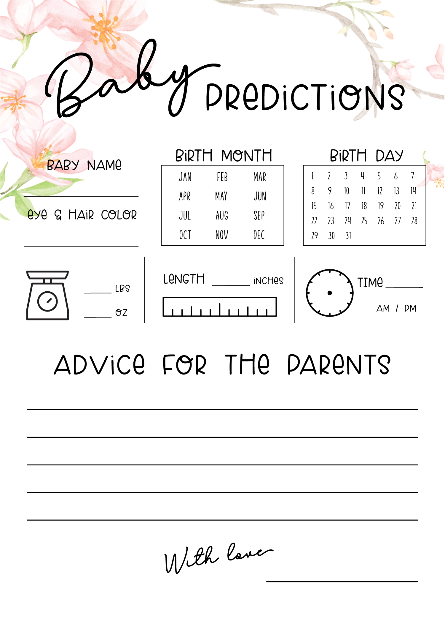 baby shower predictions sheets