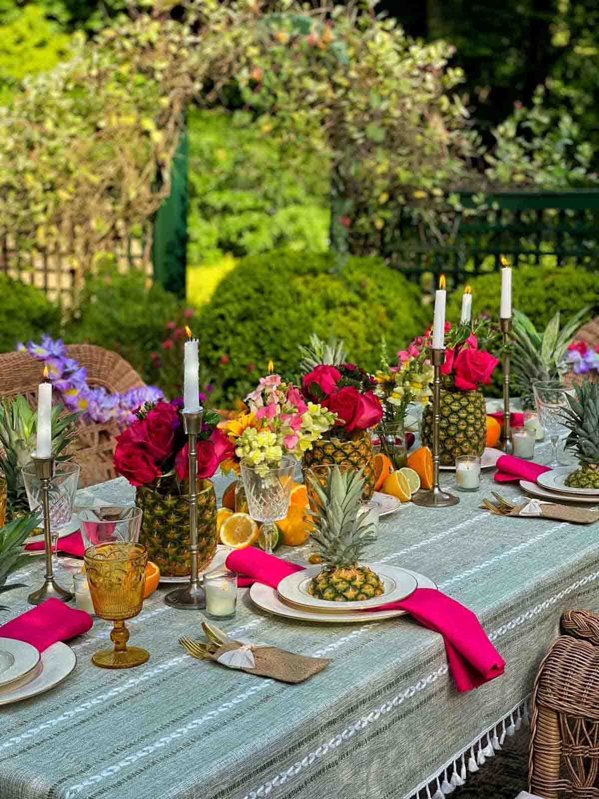 tropical party with pineapple place settings