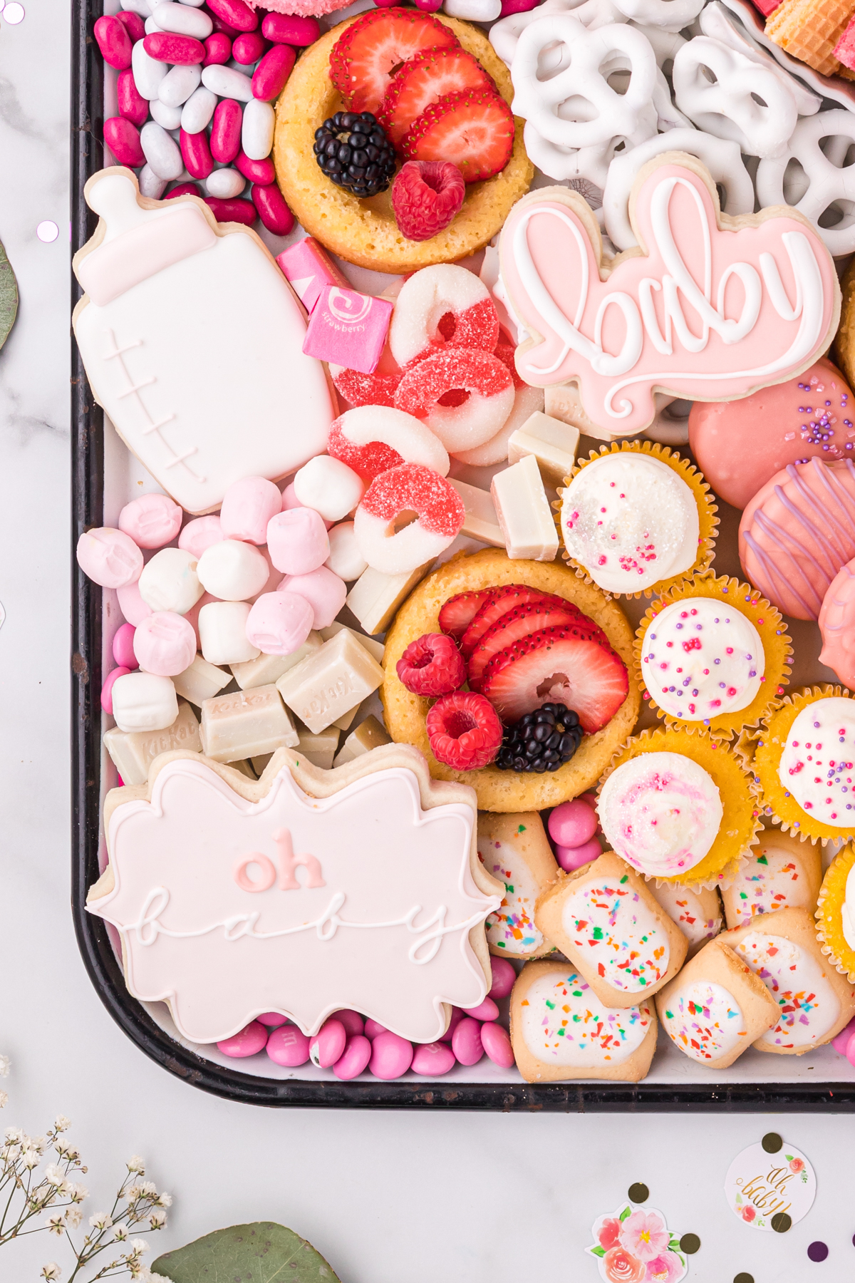 baby shower charcuterie board with cute sugar cookies