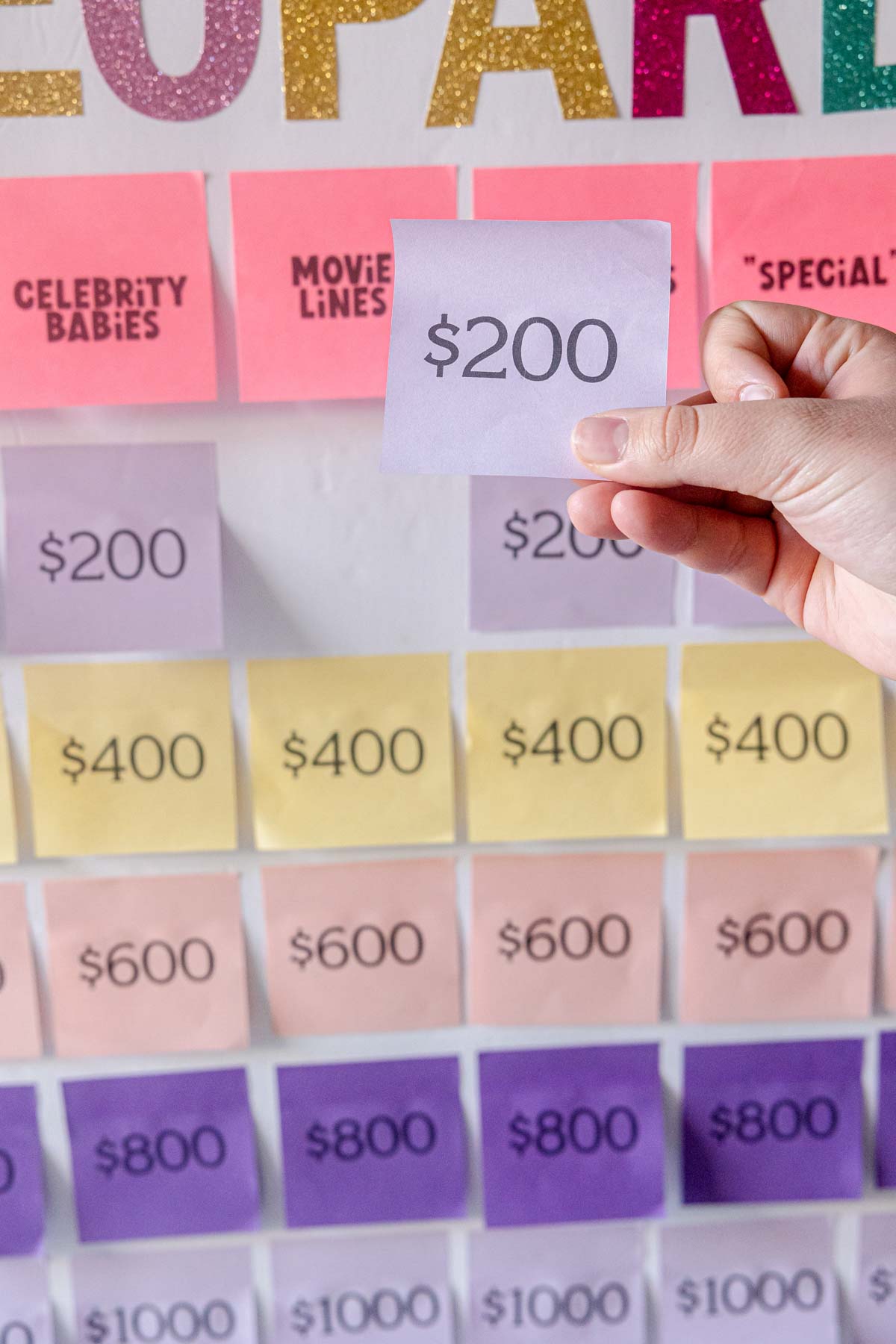 creating a baby shower Jeopardy board with post-it notes