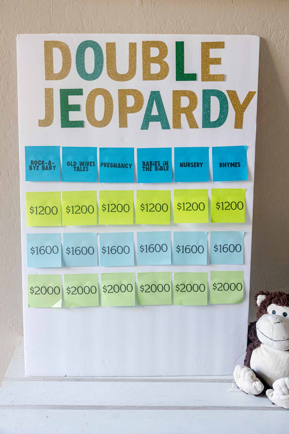 baby shower double jeopardy board made with post-it notes
