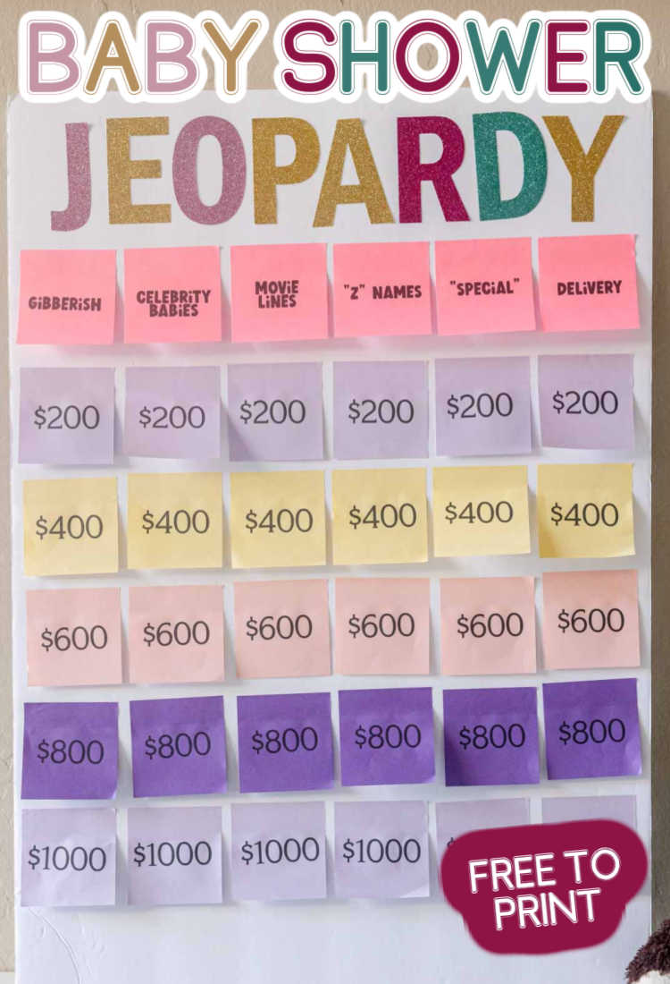 baby shower jeopardy board made out of post-it notes
