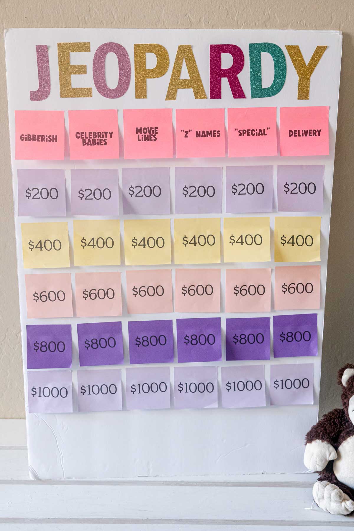 baby shower Jeopardy game made with post-it notes