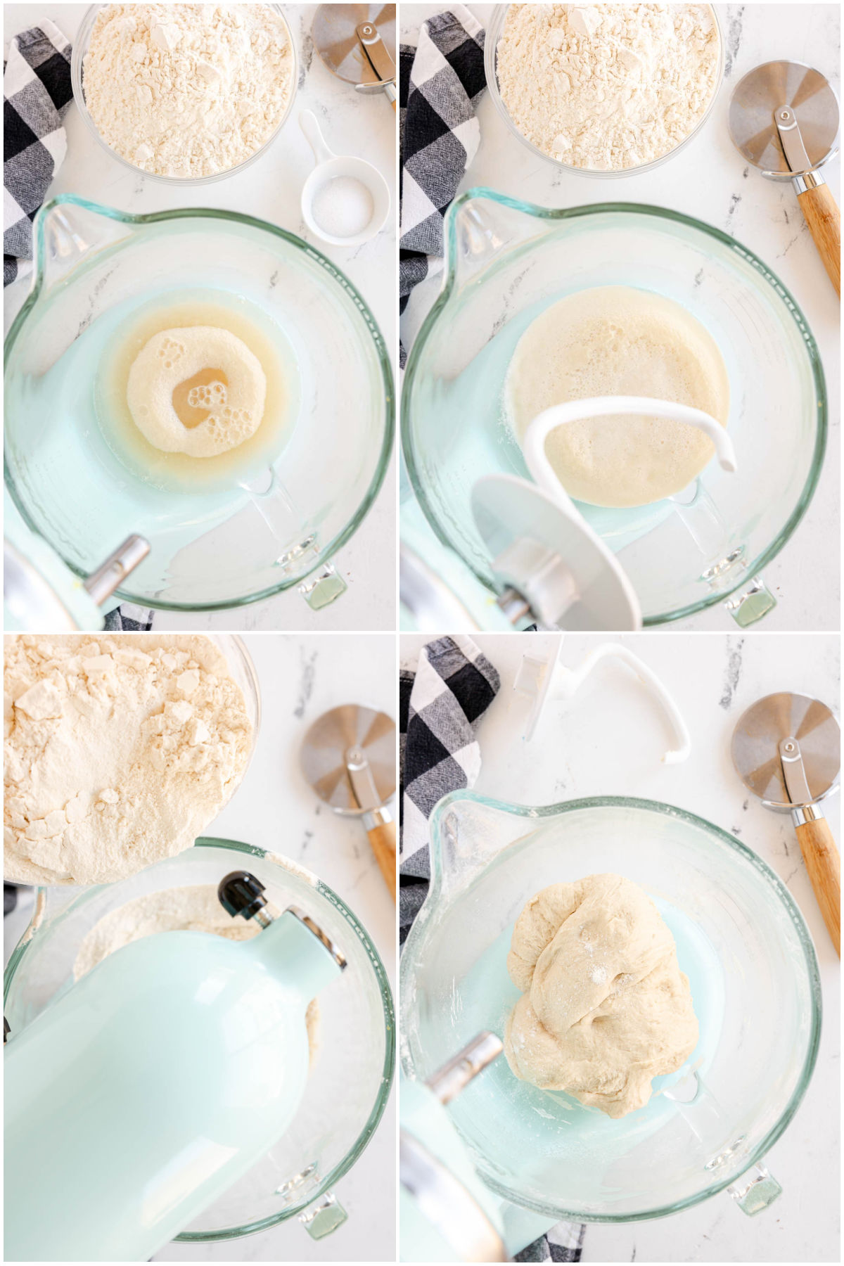 four images showing how to make homemade pizza dough in a stand mixer