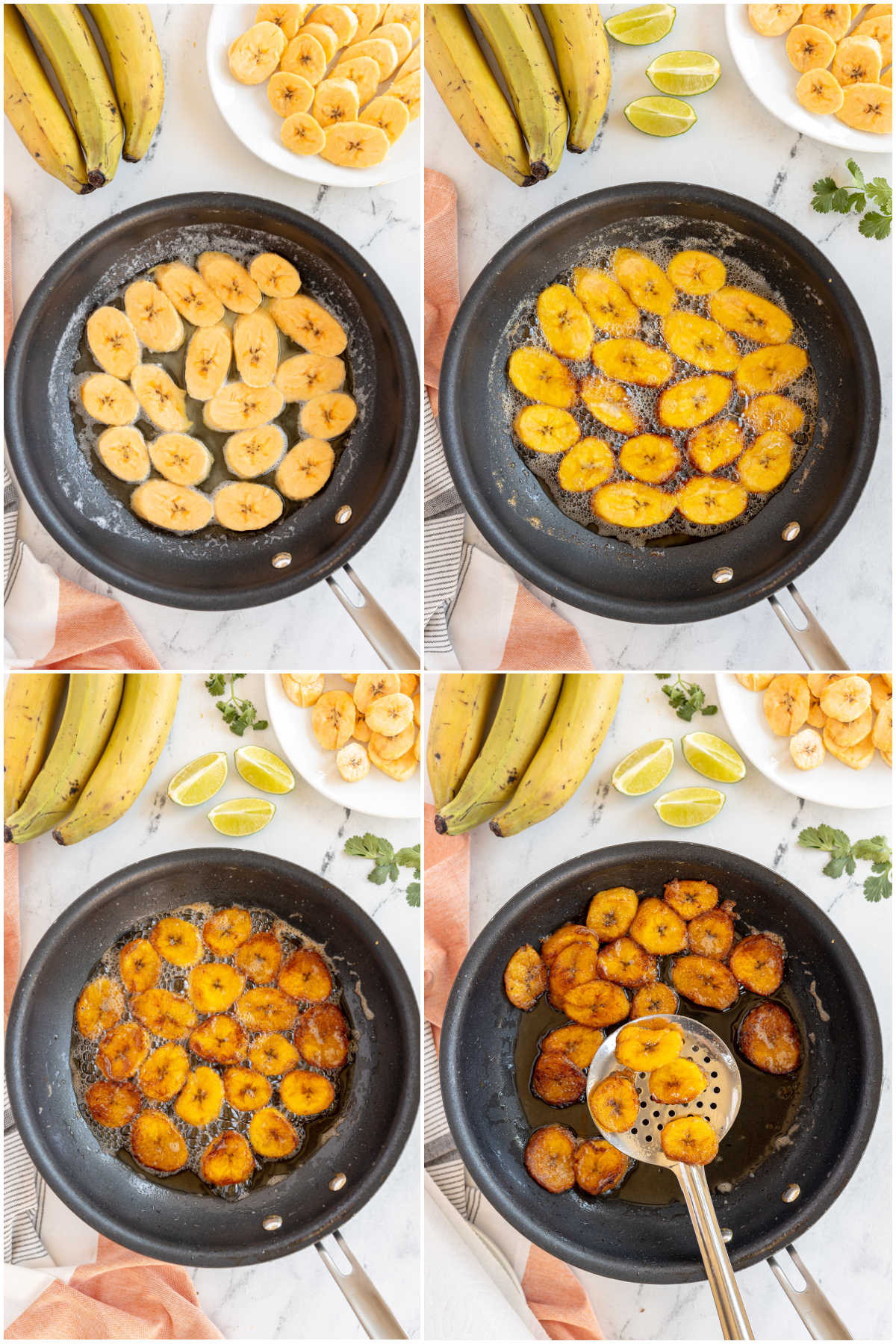 four images showing how to make fried sweet plantains 