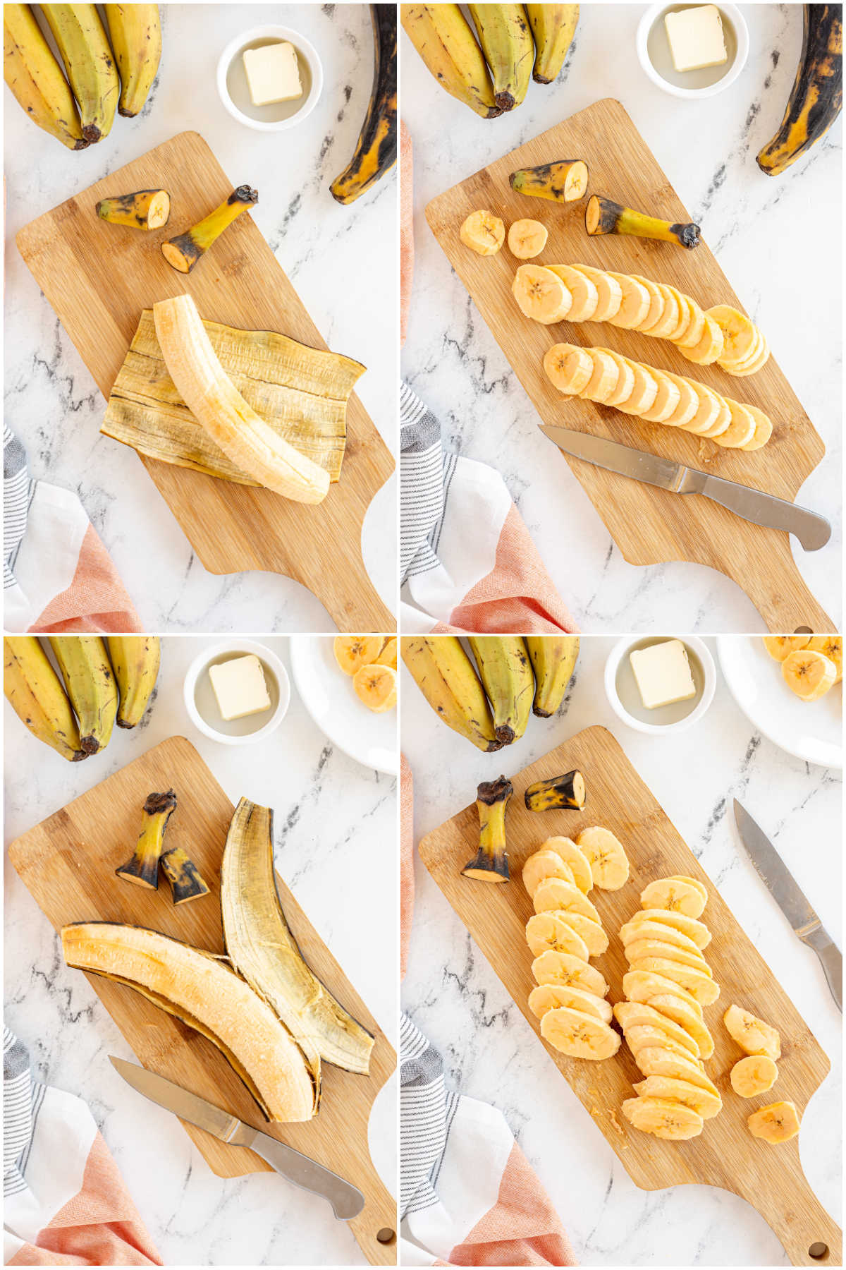four images showing slicing plantains