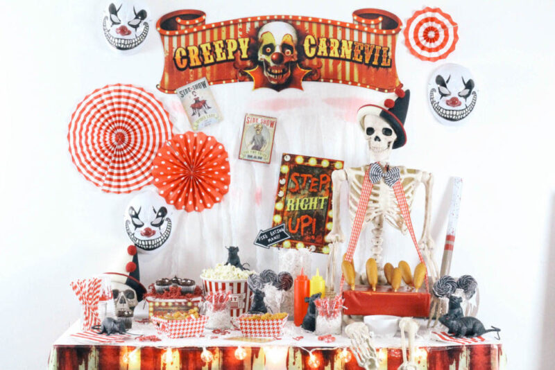 creepy clowns and carnival foods on a table