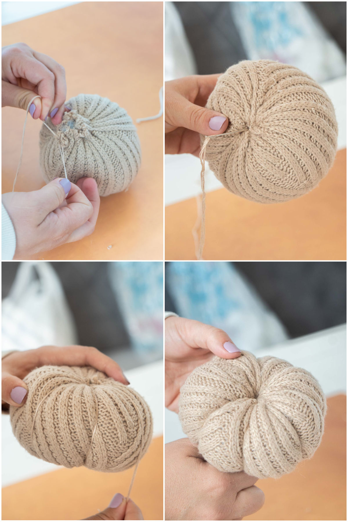 collage of images showing how to add edges to sweater pumpkin