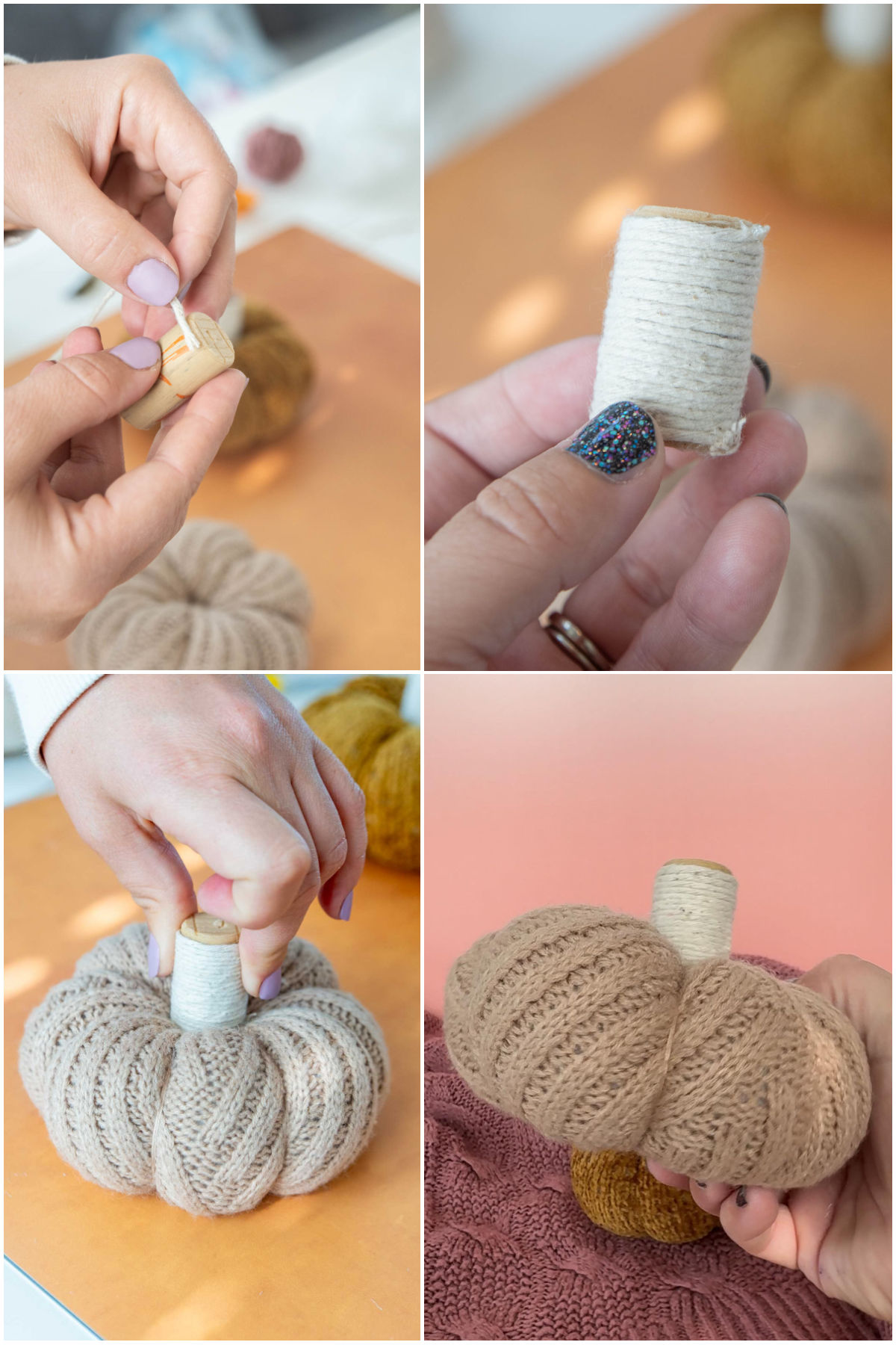 collage of images showing adding a cork to a sweater pumpkin