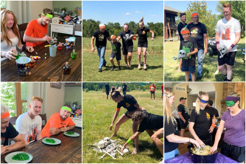 collage of six images showing people playing Halloween games