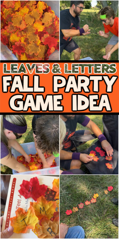 collage of images showing playing games with fall leaves