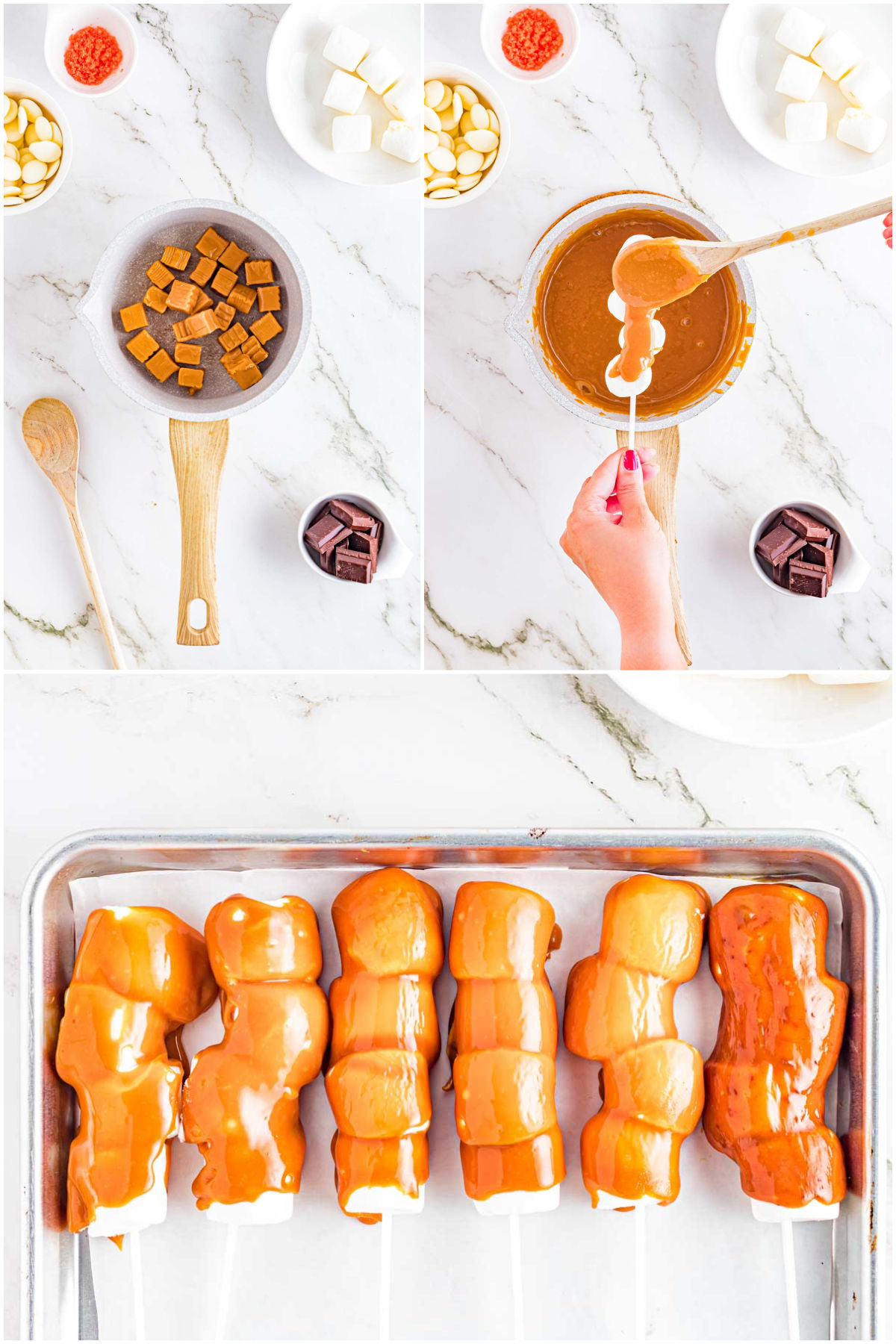 collage of images showing melting caramel and pouring it over marshmallows