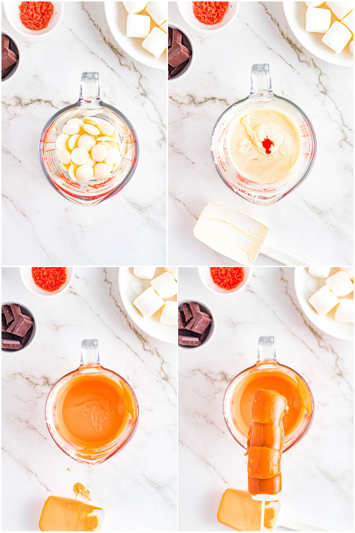 collage of images showing melting white chocolate and pouring it over marshmallows