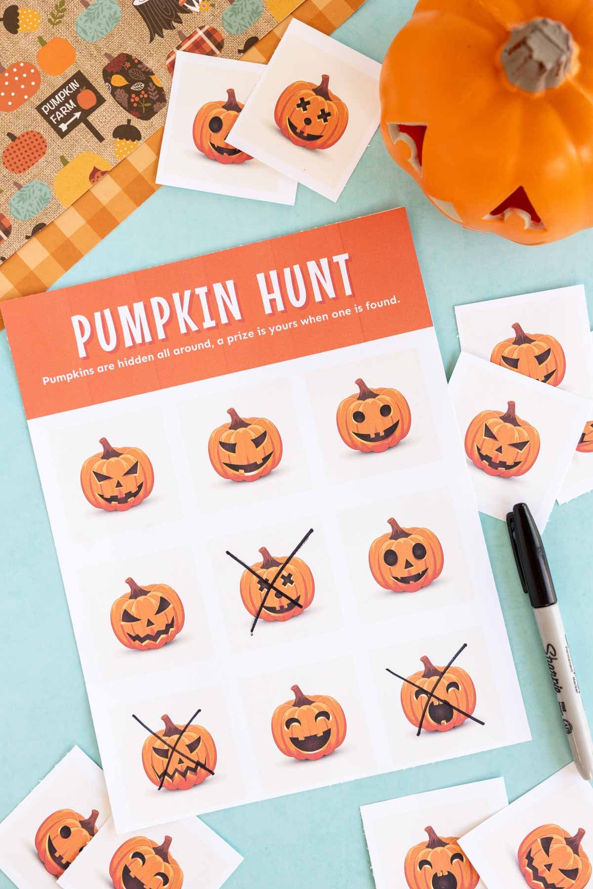 printed out pumpkin hunt with pumpkins crossed out