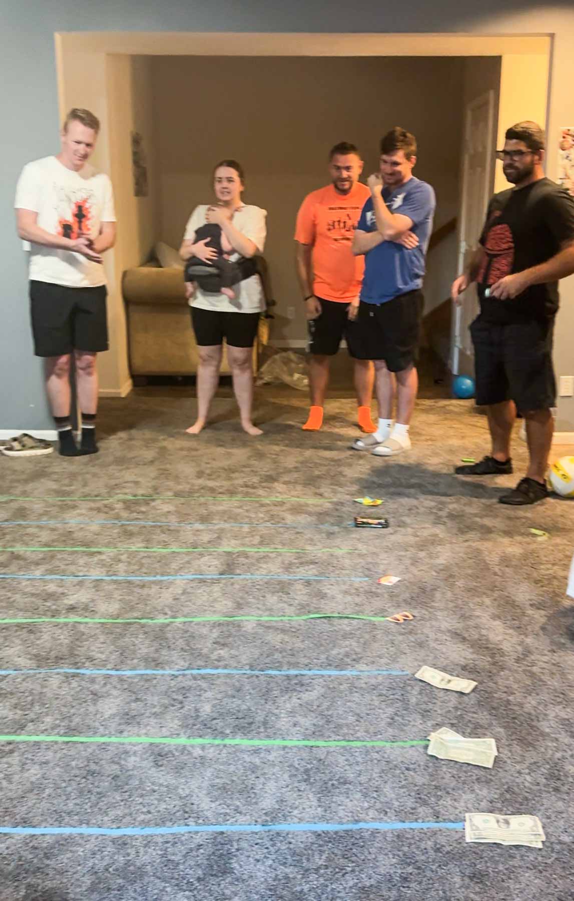 lines taped on the ground with prizes by the end