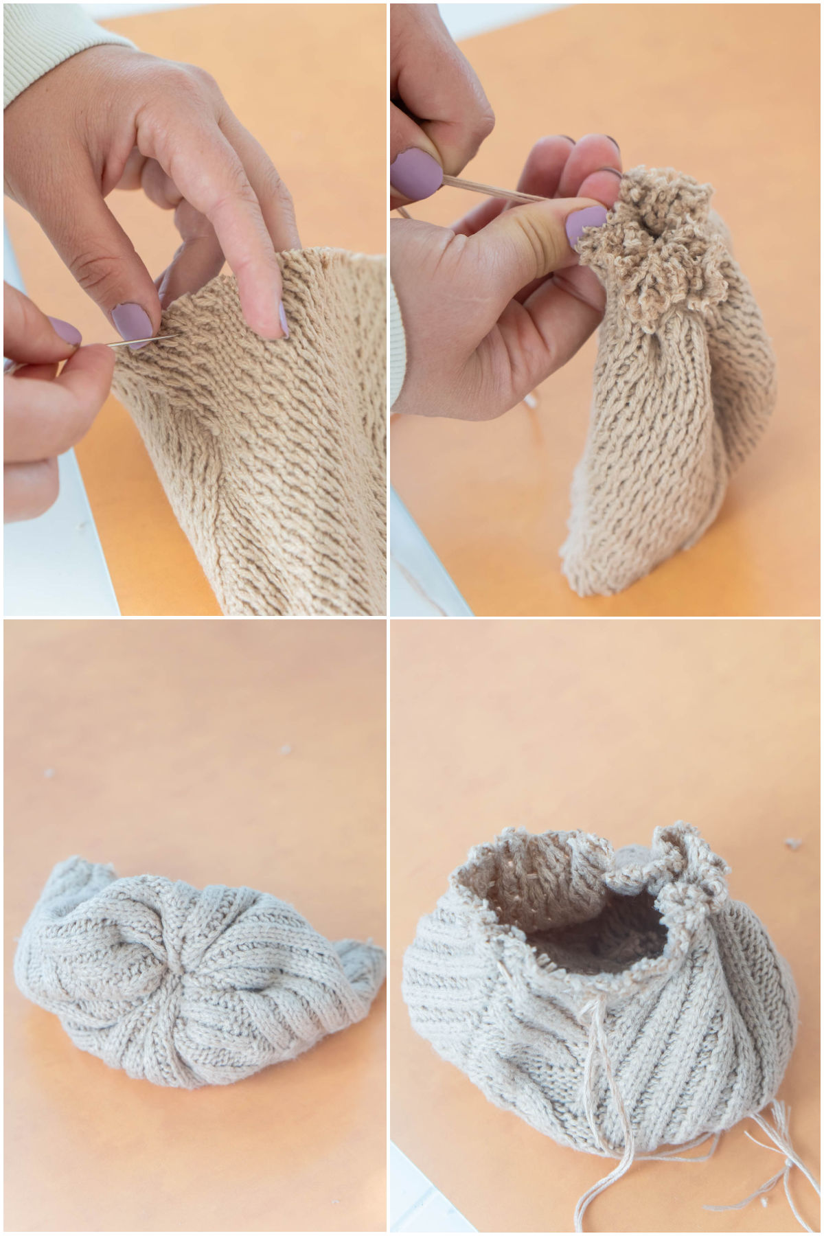 four images showing how to sew shut a sweater pumpkin