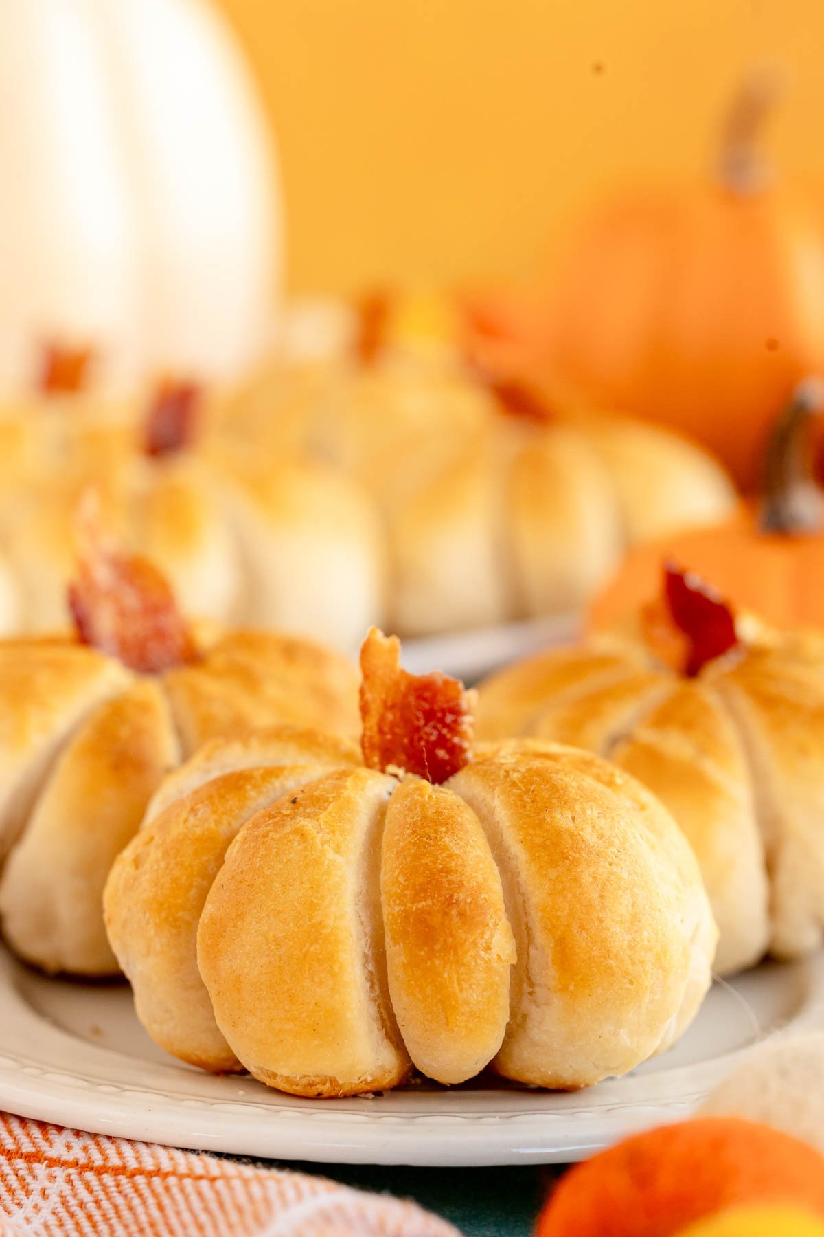 pumpkin shaped roll with a bacon stem