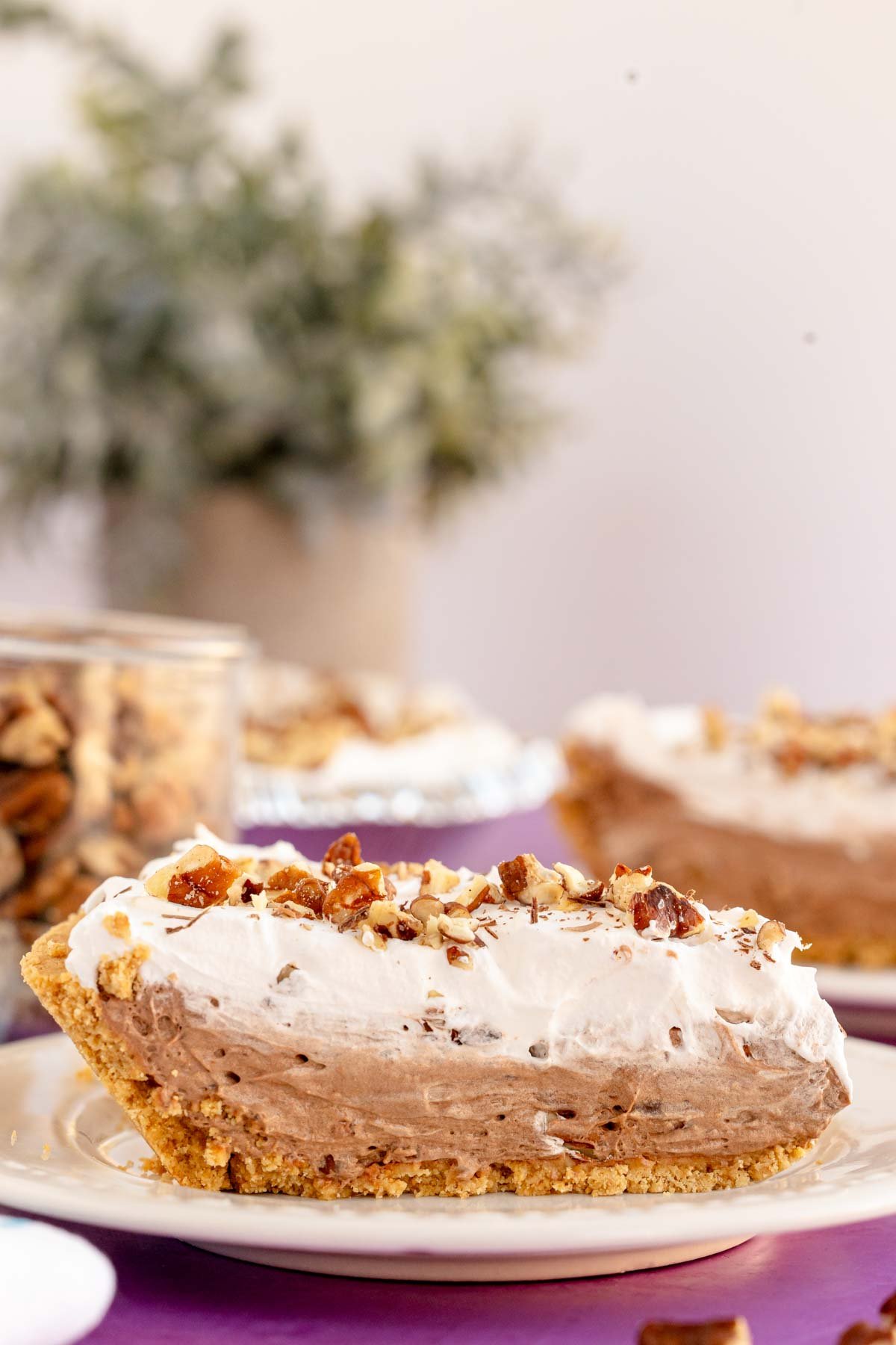 slice of chocolate pudding pie on a white plate