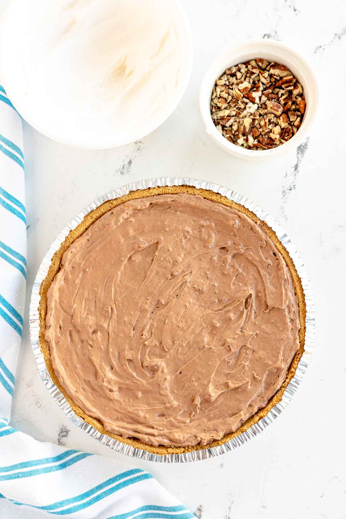 chocolate pudding pie in a graham cracker crust