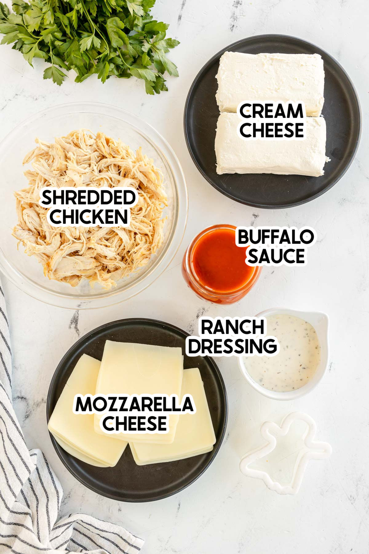 ingredients in Halloween buffalo chicken dip with labels