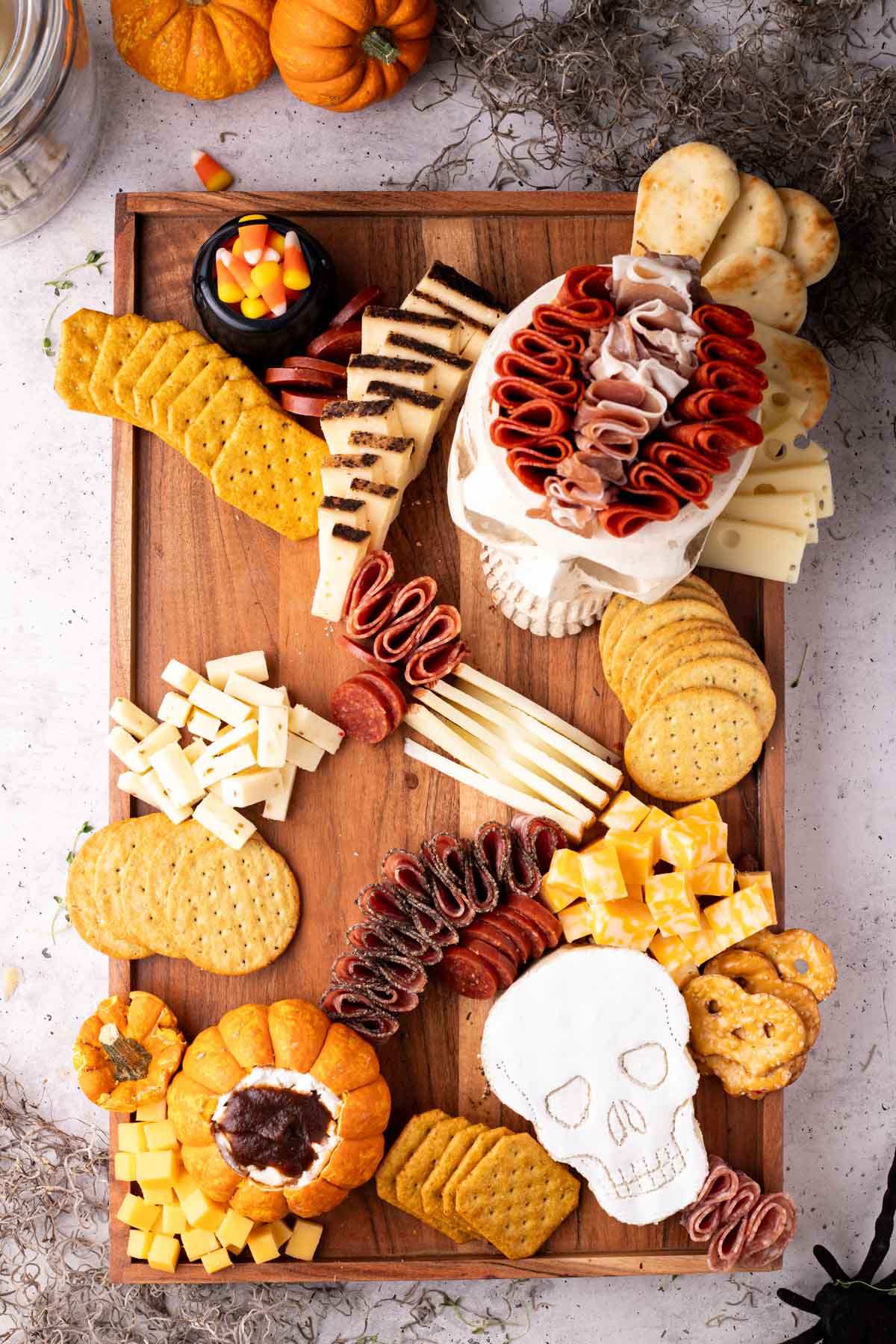 Halloween charcuterie board with crackers and cheese