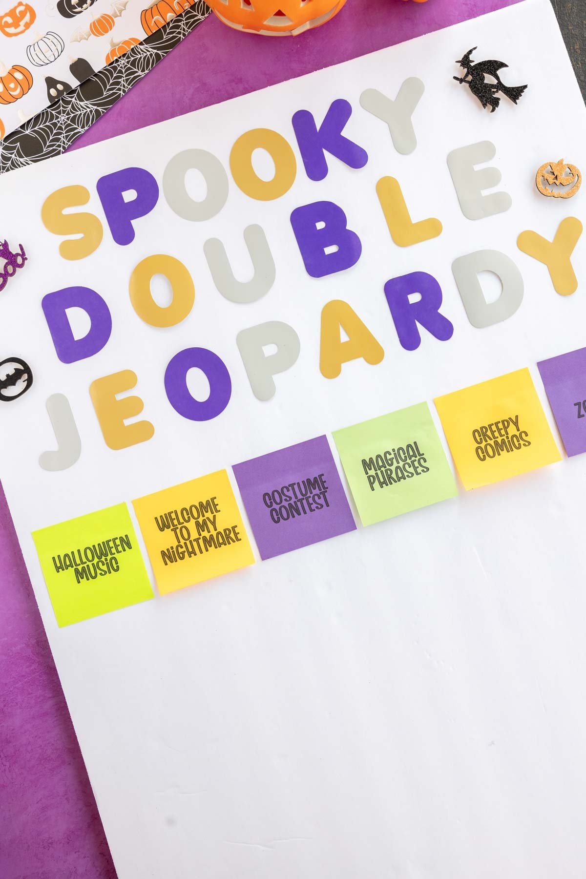 Double Halloween Jeopardy board made out of post-it notes