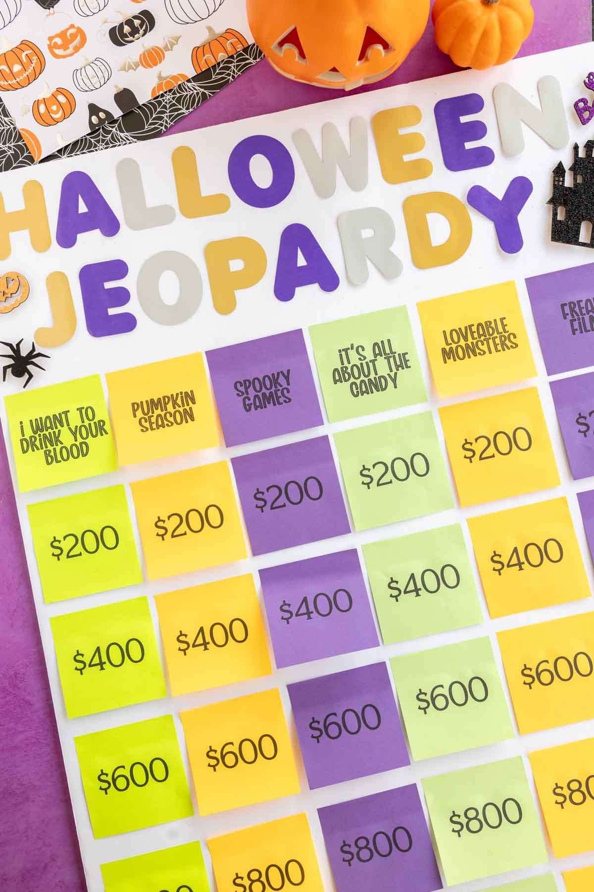 Halloween Jeopardy board made out of post-it notes 