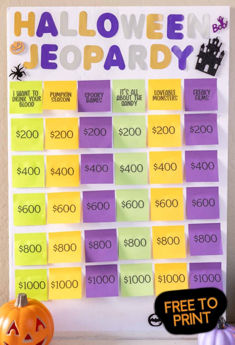 Halloween Jeopardy board made out of post-it notes