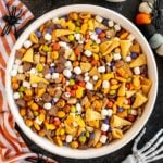 Halloween snack mix in a white bowl