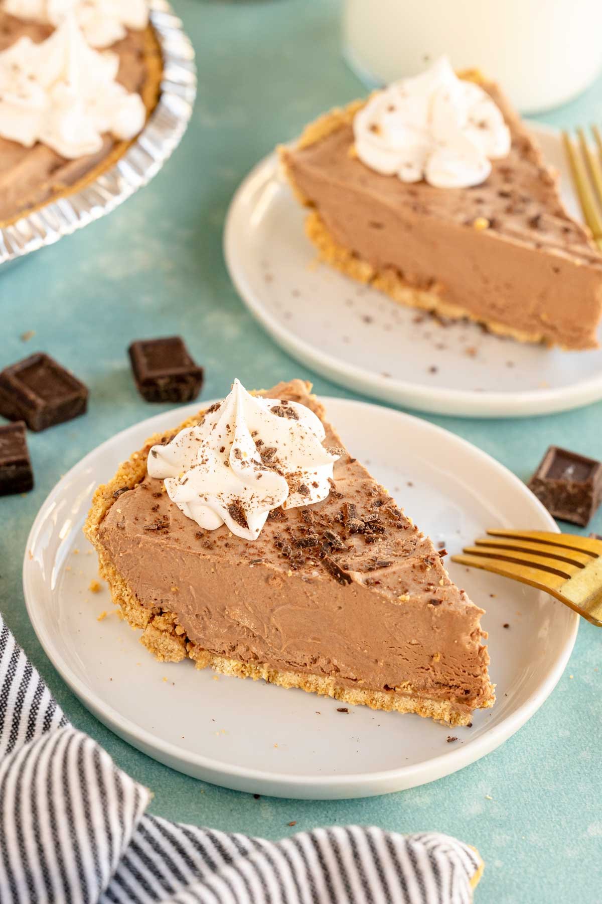 slice of no bake chocolate pie on a white plate