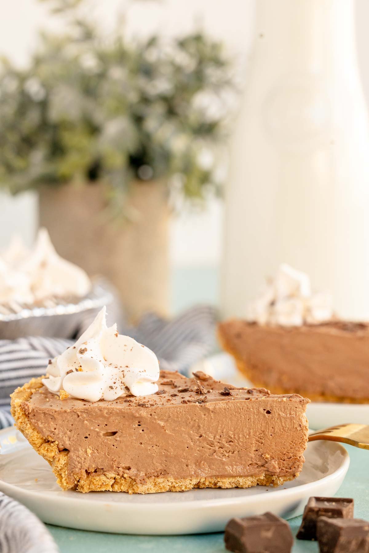 slice of no bake chocolate pie on a white plate