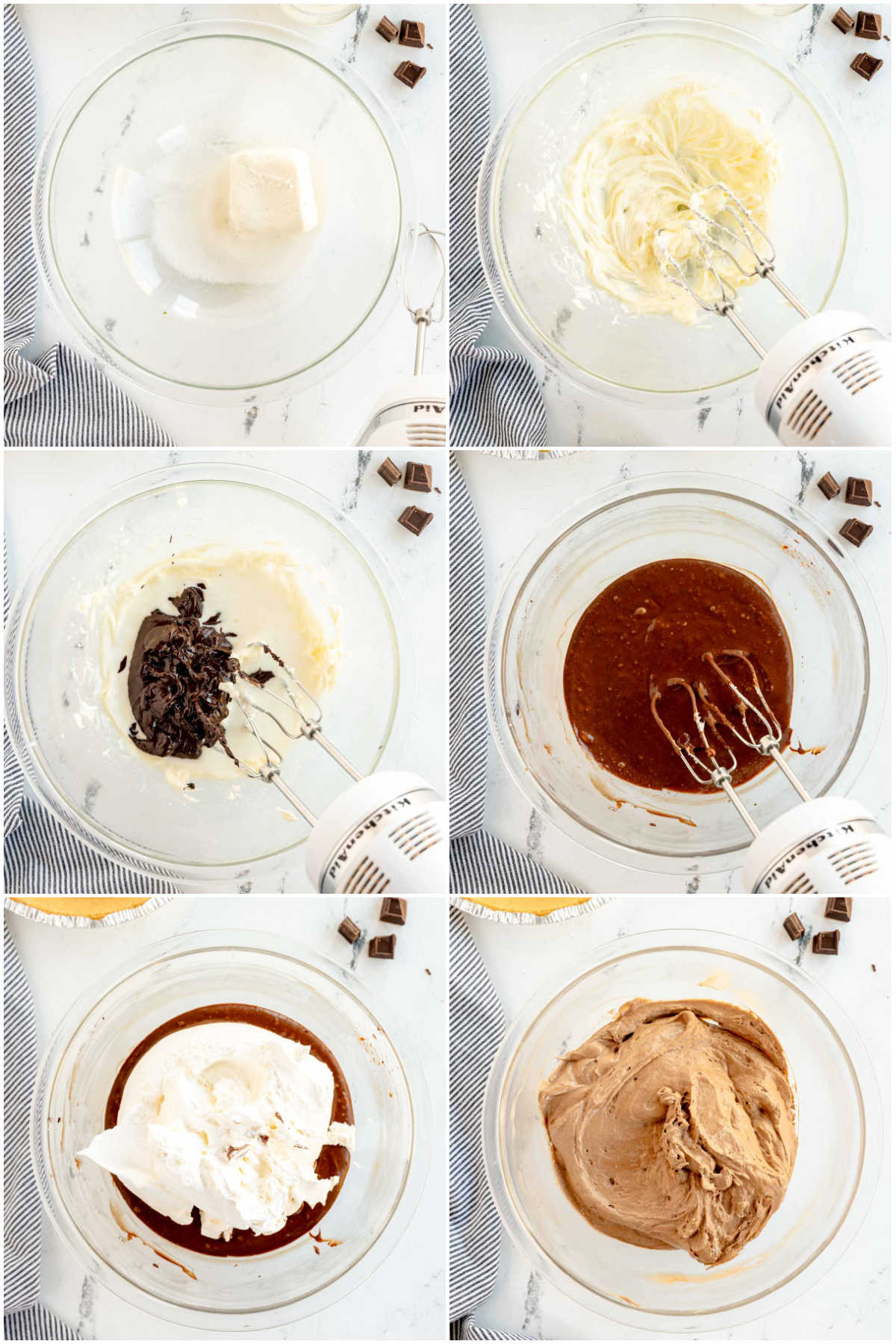 six images showing how to make the filling for a no bake chocolate pudding pie