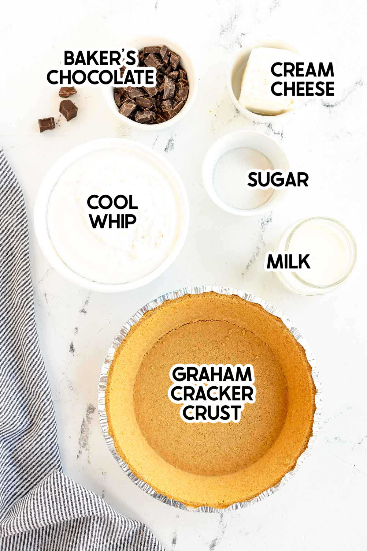 ingredients in no bake chocolate pie with labels