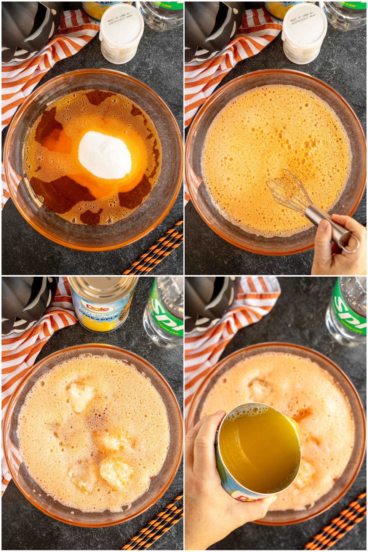 four images showing how to make an orange pumpkin punch