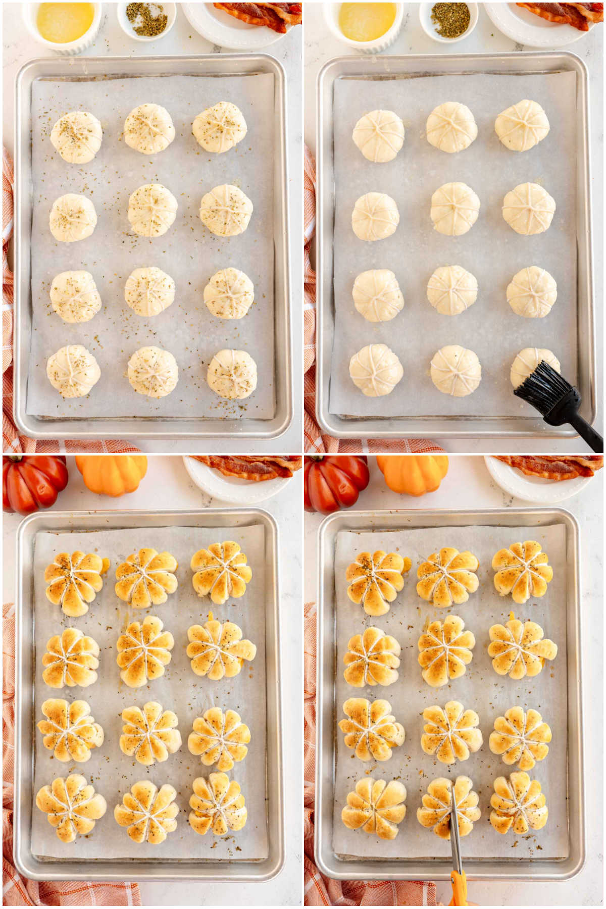 four image collage showing the process of baking the pumpkin shaped rolls