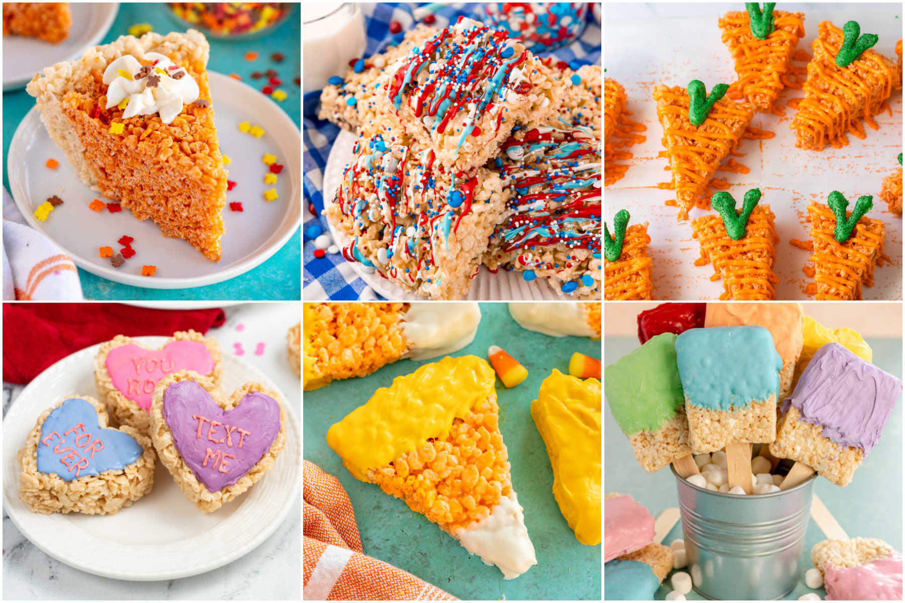 six images in a collage of different shape rice krispy treats