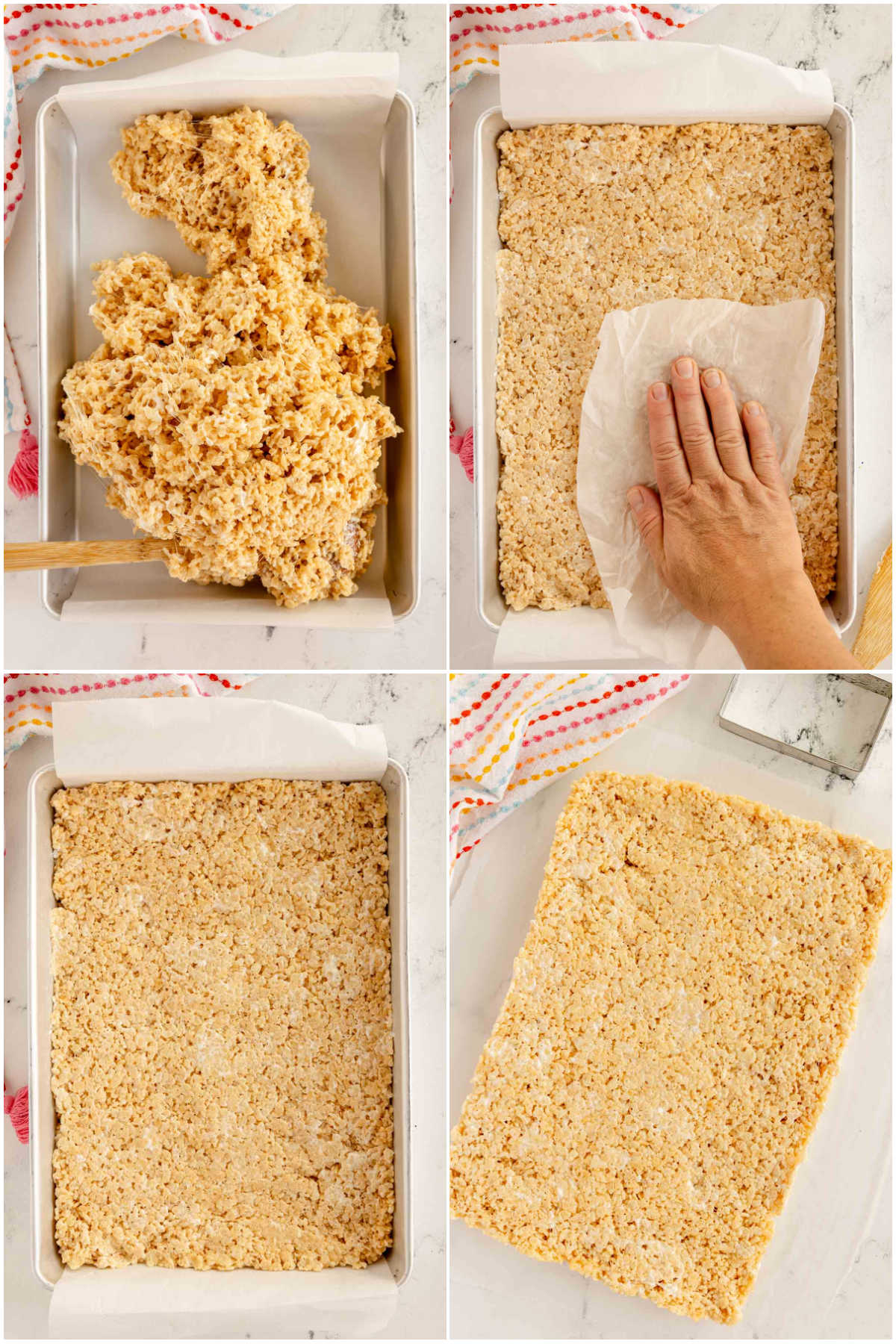 four images showing a collage of rice krispy treats