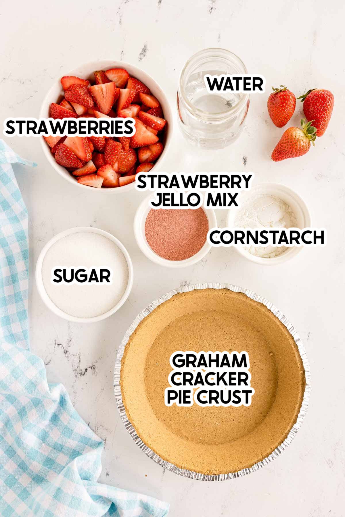 ingredients in strawberry jello pie with labels