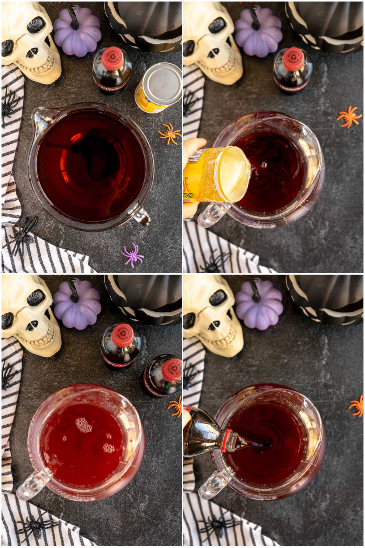 collage showing four pictures of making a vampire kiss drink