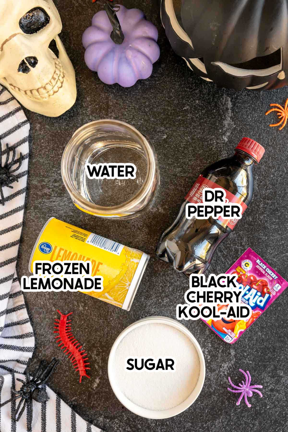 ingredients in a vampire kiss drink with labels