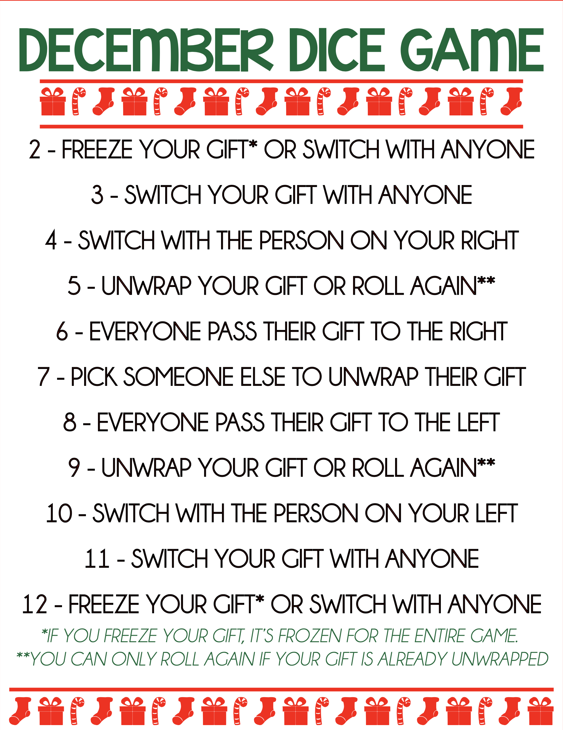 December dice gift game instructions