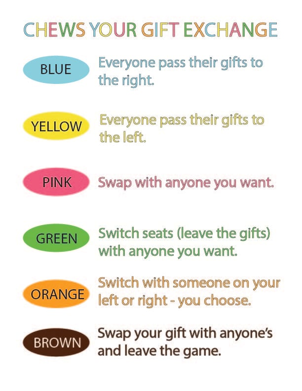 Chews your own gift exchange key with colored ovals and instructions