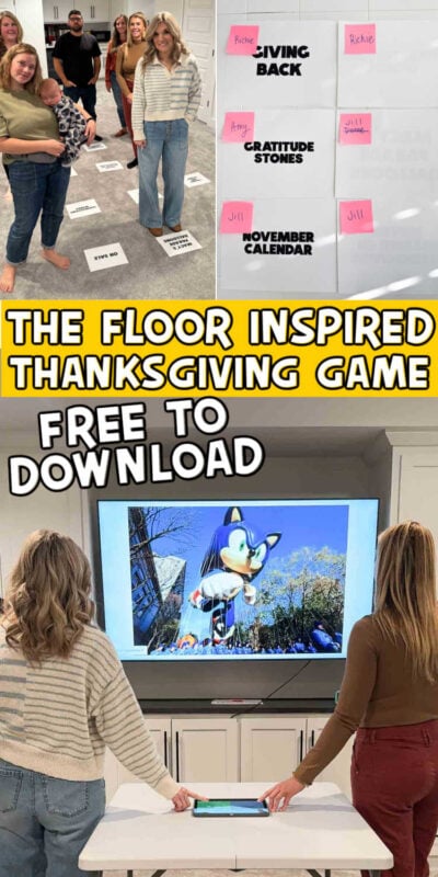 collage of images showing people playing a floor inspired thanksgiving game