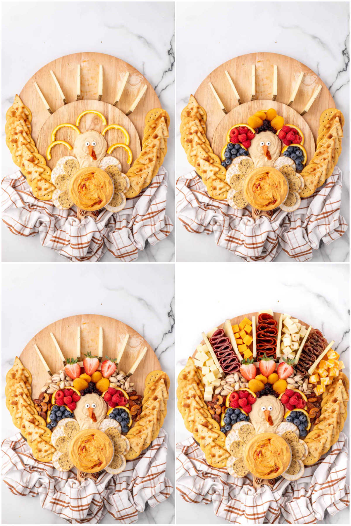 four images in a collage showing adding items to a Thanksgiving charcuterie board