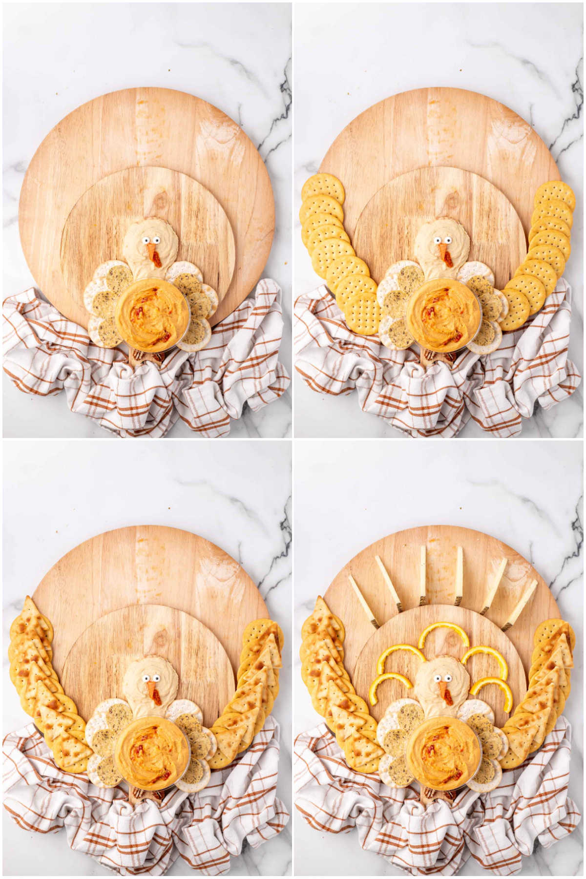 four images showing placing crackers in a feather formation on a wood charcuterie board