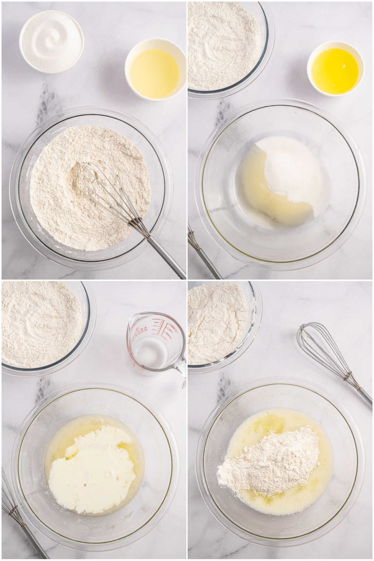 four images showing the process of making candy cane cupcake batter