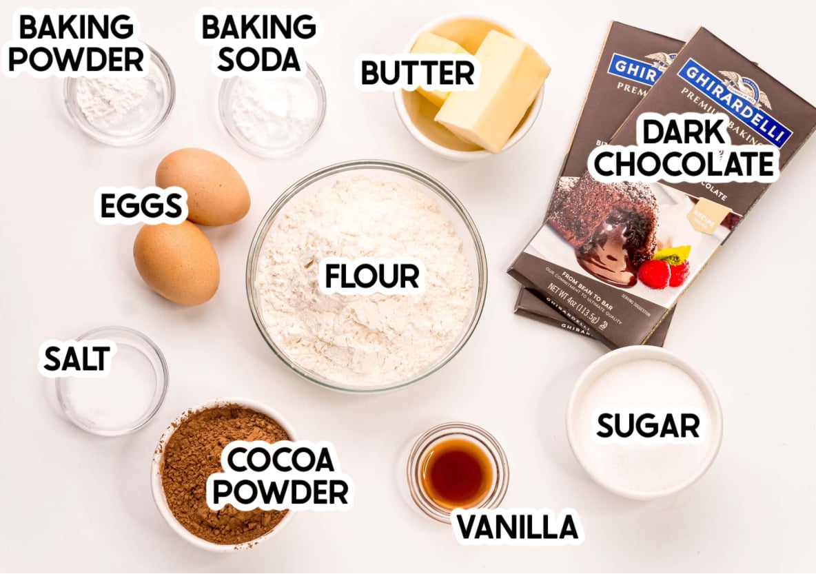 ingredients in chocolate crinkle cookies with labels